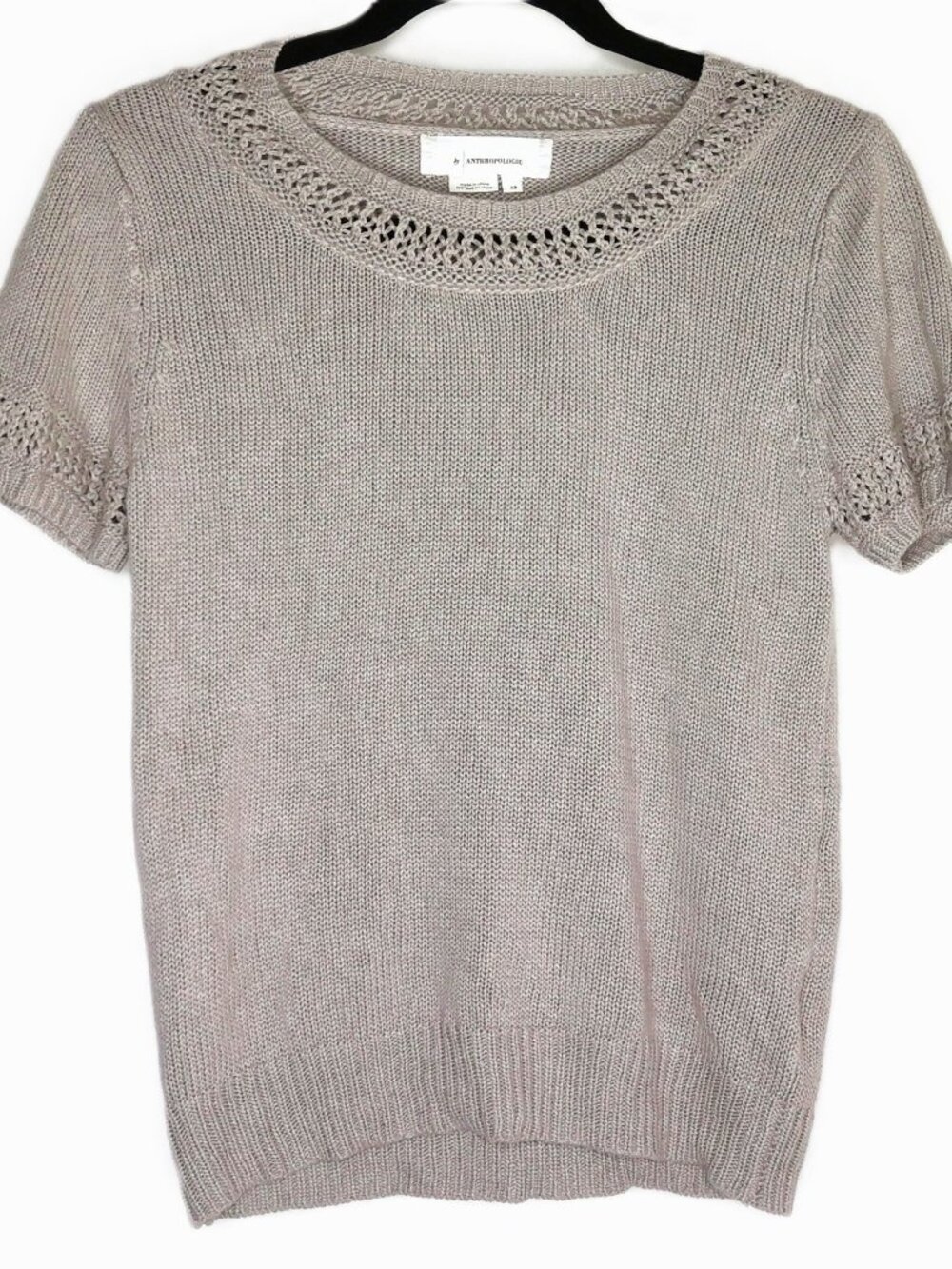 By Anthropologie Short Sleeve Sweater Taupe Lattice Crochet Trim Soft Knit Sz XS